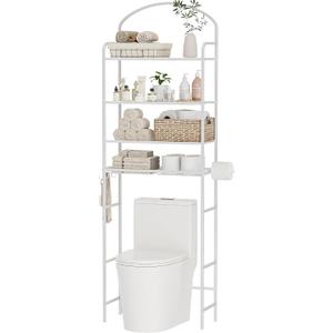 4-Tier Over The Toilet Storage, Bathroom Organizer, Space-Saving, 72" H Above Toilet Storage Rack with 4 Hooks and Paper Holder, Metal Shelf, White