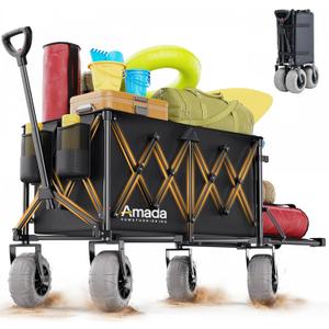 Beach Wagon with Big Wheels for Sand, 260L Capacity, Heavy Duty All-Terrain Folding Wagon with Expandable Rear, Durable Carbon Steel Frame & Big 8.3" Wheels for Beach, Outdoor & Camping Activities