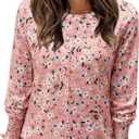 Long Sleeve Shirts for Women 2026 Spring Dressy Casual Blouses Pleated Crewneck Tunic Tops for Leggings Cute Tee (XX-Large, Pink Floral)