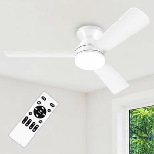 42" White Ceiling Fans with Lights and Remote, Low Profile Ceiling Fan with Light, Reversible DC Motors, 3CCT Dimmable Timer Noiseless, Flush Mount Ceiling Fan for Bedroom/Living Room