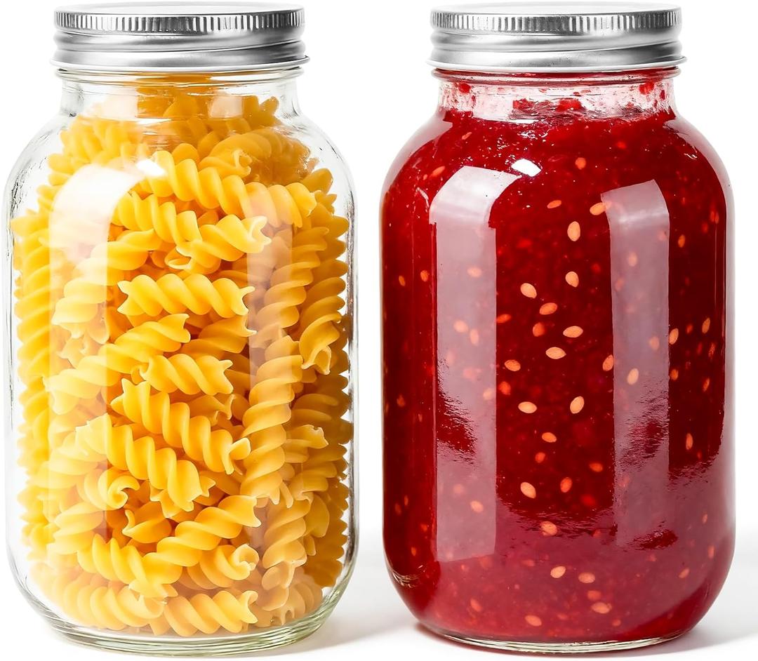 Mason Jars with Lids 32 oz, 2 Pack Regular Mouth Glass Canning Jars for Food Storage, Juice, Jam, Candies, Snack