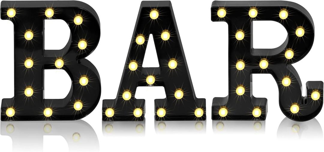 Mudder 3 Pcs Bar Sign Light up Letter Battery Operated Illuminated Marquee Light for Home Bar Pub Party Table Wall Decor(Black)