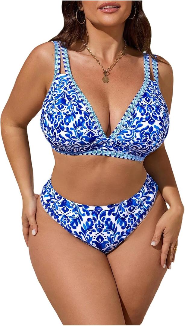 Verdusa Women's Plus Size Floral High Waisted Bikini Sets Double Strap Swimsuit (3X-Large Plus, Blue)
