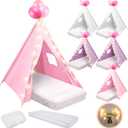 6 Pack Sleepovers Teepee Tent for Kids Bulk with Mattress Sheet Light,Natural Cotton Washable Indoor Play Tent for Birthday Slumber Party Girls Boys Pajama Movie Night Supplies(Pink, Purple, White)