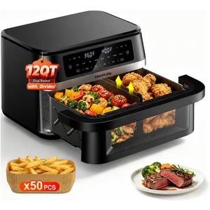 Dual Basket Air Fryers with Flex Basket, 12QT Double Air Fryer with Viewing Window & 50PCS Paper Liners, for 10 People, 12-in-1 Digital Panel with Sync & Light, for Bake, Roast, Reheat,Dishwasher Safe