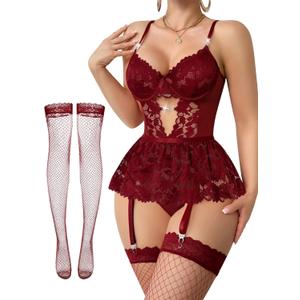Lilosy Sexy Stocking Rhinestones Heart Garter Underwire Floral Mesh lace Sheer Babydoll Lingerie Teddy Bodysuit Skirt Set (Red, L)