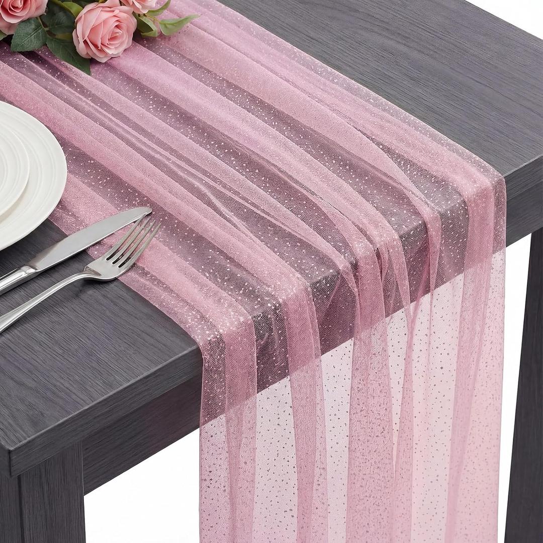 3 Pcs Wedding Gauze Table Runner 10 ft Glitter Bling Metallic Foil Sheer Tulle Chiffon Cheesecloth Sequin Tabletop Decor for Graduation Birthday Anniversary Dinner Party (Pink)