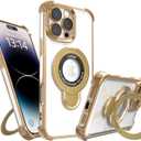 Magnetic case for iPhone 16 with Full Camera Lens Protection(Compatible with MagSafe),Military Shockproof Slim Electroplate Bumper Clear Cover Built-in Invisible Ring Stand,Gold