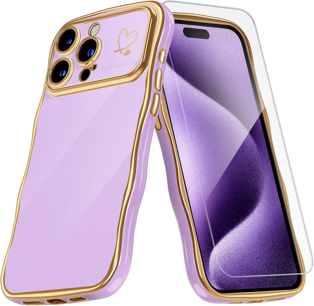 QVLANG for iPhone 15 Pro Case, Cute Wave Frame Curly Case, Plating Edge Soft Cover with Love Heart [1x Screen Protector] Soft TPU with[Full Camera Protection] Phone Cases for Women Girls, Lavender