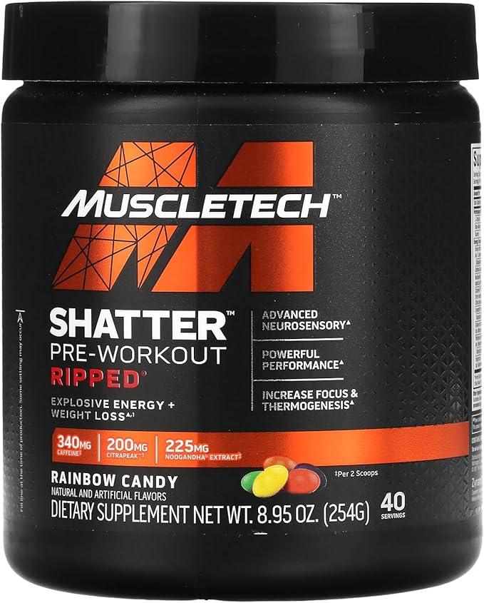 Pre Workout + Weight Loss MuscleTech Shatter Ripped PreWorkout Pre Workout for Men & Women PreWorkout Energy Powder Drink Mix Energy + Weight Loss Formula Rainbow Candy (40 Servings)