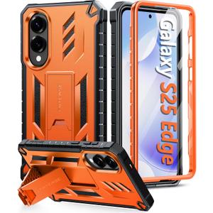 FNTCASE for Samsung Galaxy S25-Edge Case: Military Grade Drop Proof Protection Mobile Cover with Kickstand | Matte Textured Rugged Shockproof TPU | Protective Sturdy Phonecase - Orange