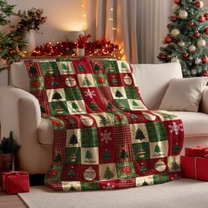 Horaldaily Christmas Flannel Blanket Throw, Red Green Checkered Tree Snow Ornaments Soft Fuzzy Plush Cozy Fleece Blankets for Couch Sofa Bed Lounging, Ideal Gifts for Kids Adults Wife Self, 50x60