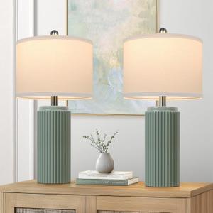TOBUSA 23.5 Modern Green Ceramic Table Lamps Set of 2 for Living Room, Farmhouse Ceramic Bedside Nightstand Lamps for Bedroom, Vintage Decorative Boho Lamps for Home End Table Dorm Office