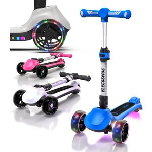 ELECOSMOS Kids Electric Scooter for Age 4-9, Light Up 3-Wheeled Scooter with Big LED Wheels, Wide Flashing Deck, Adjustable Height