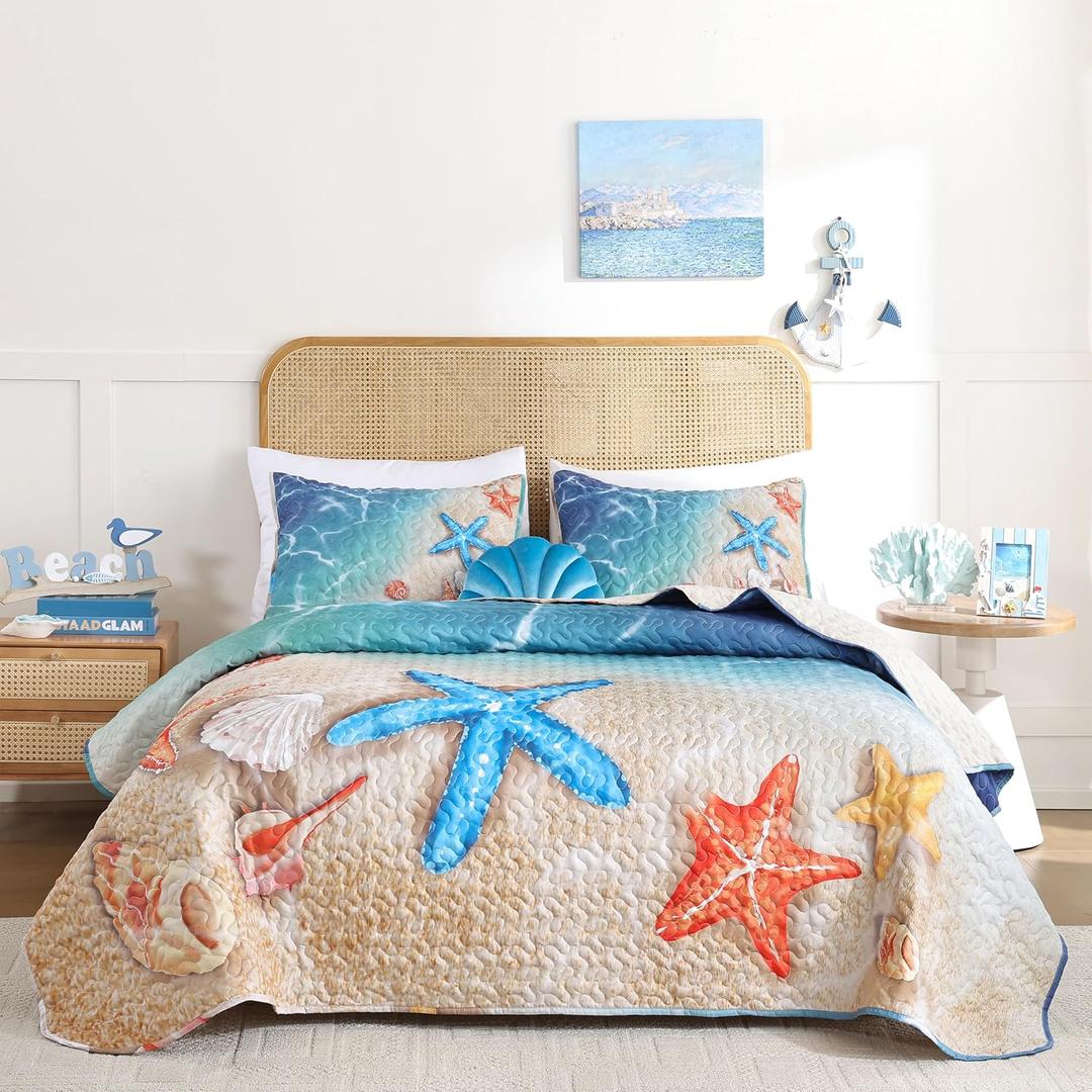 weigelia Coastal Quilt Set King Size 3 Piece Lightweight Beach Themed Bedding, Soft & Breathable Polyester Coverlet, All Season Quilts & Bedspread for Bedroom Dcor
