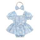 Baby Girls Floral Leotard Romper Newborn Daisy Playsuits Ruffled Sleeve Onesie Infant Jumpsuit Clothes Headband (A Blue, 6-12 Months)