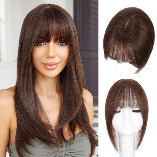 Matriarchs Hair Toppers For Women Real Human Hair,12inch Wispy Clip In Bangs Toppers Hair Pieces For Women With Thinning Crown, 360°3D Cover Realistic Scalp Line Hairpieces (Chestnut Brown)