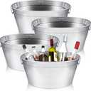 Uiifan 4 Pcs 24 Quart 6 Gallon Hammered Stainless Steel Beverage Tub Heavy Duty Metal Large Ice Bucket for Drinks Bucket Cooler Ice Container for Bar Wedding Parties (Oval,Silver)