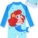 PURFEEL Girls One Piece Swimsuit Mermaid Long Sleeve Rash Guard Bathing Suit with UPF 50+ UV 4-5T Years, Blue Ariel Swimwear