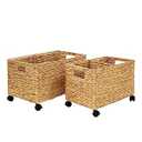 PEMAR Rolling Wicker Storage Basket Set of 2 Natural Water Hyacinth & Seagrass Bins on Wheels with Removable Divider & Insert Handles Nesting Design for under Desk, Home & Office Organization
