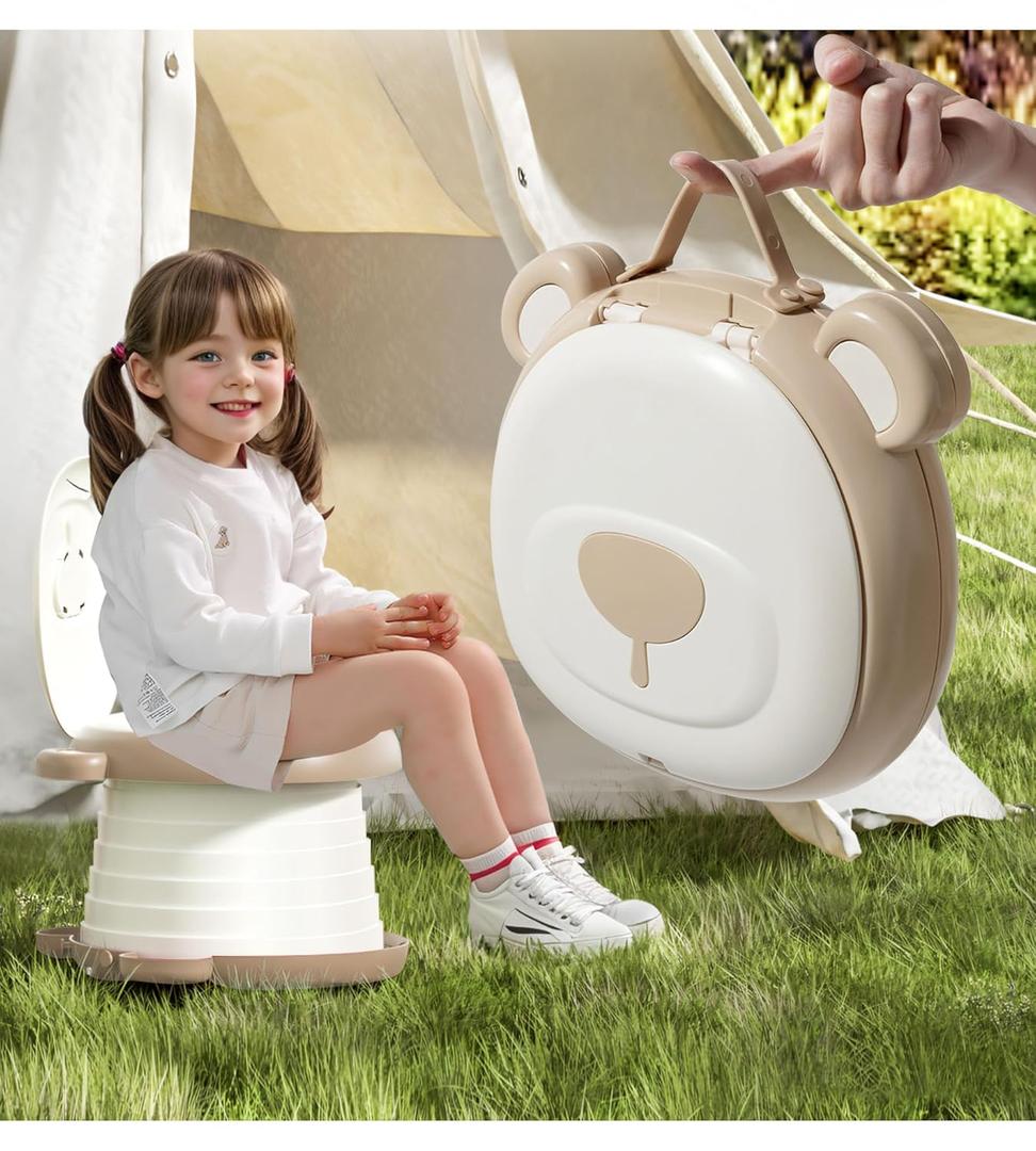 Travel Potty Seat for ToddlerFoldable Car Potty for Toddler, Portable Toilet Seat for Kids with Potty Liners, Absorbent Pads, Portable Potty Seat for Toddler Travel, Camping And Outdoor Use (Upgraded Sturdy-Khaki)
