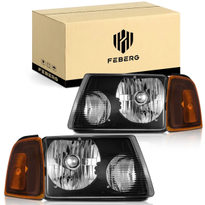 FEBERG [OE Style Anti-Yellowing for 2001-2011 ford Ranger Headlights Assembly,Headlamp Replacement for 01-11 ford Ranger Chrome Housing Amber Reflector Left+Right Pair Set