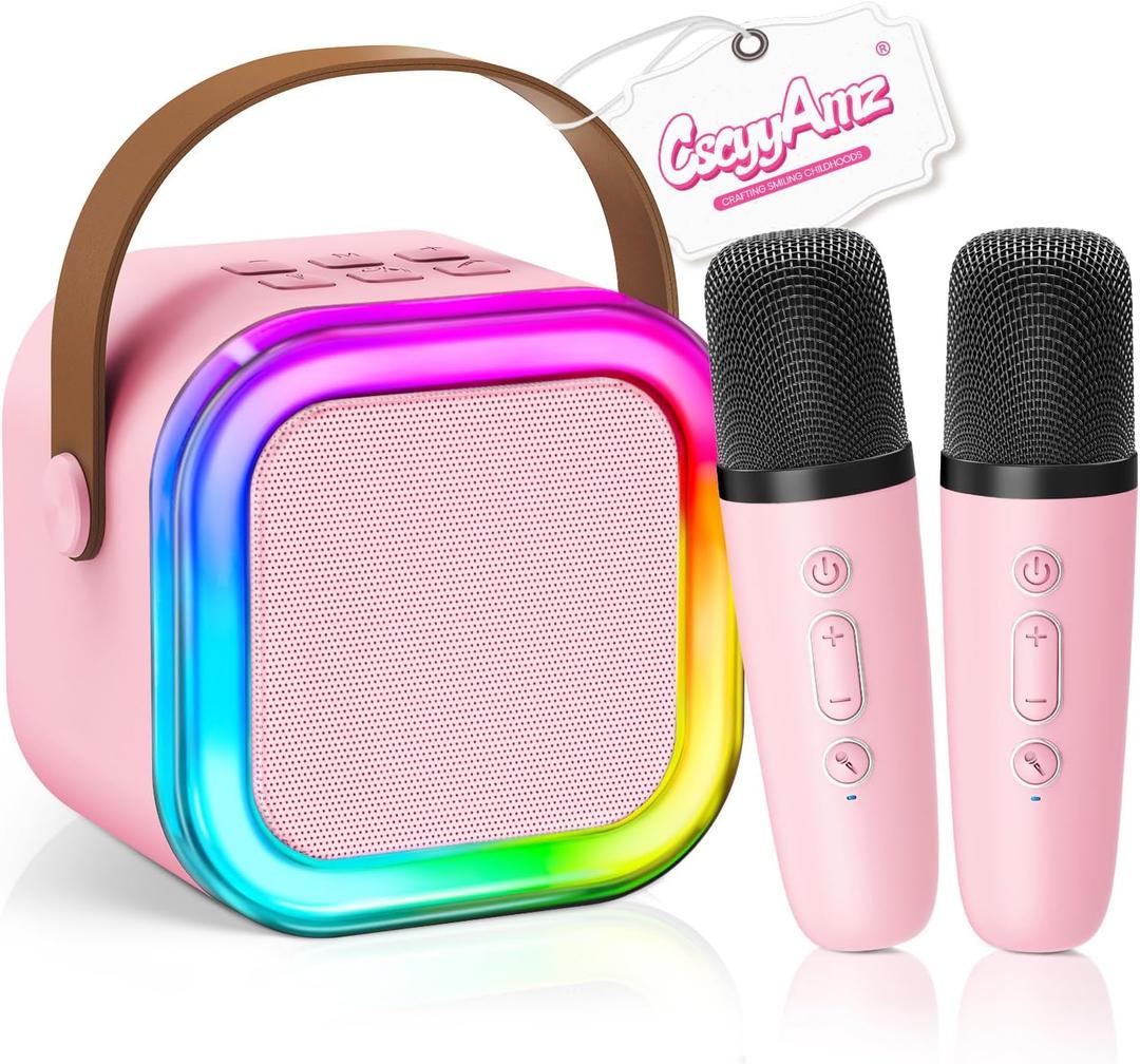 CscyyAmz Mini Karaoke Machine for Kids Girls Boys - Birthday Gifts for Ages 4 5 6 7 8+ Year Old - Portable Bluetooth Speaker with 2 Wireless Microphone - Kids' Instrument Accessories - Pink