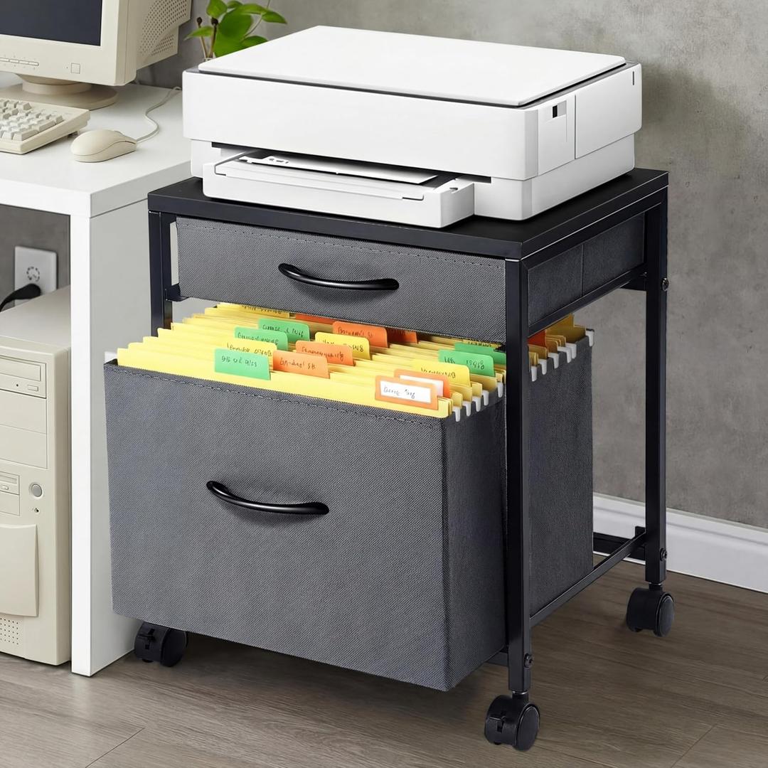 AceOrbit Printer Stand Rolling Mobile File Cabinet Cart with 2 Fabric Drawers A4 Letter Size Beside, Vertical Filing Cabinet on Lockable Wheel with Storage Under Desk for Home Office(Gray)