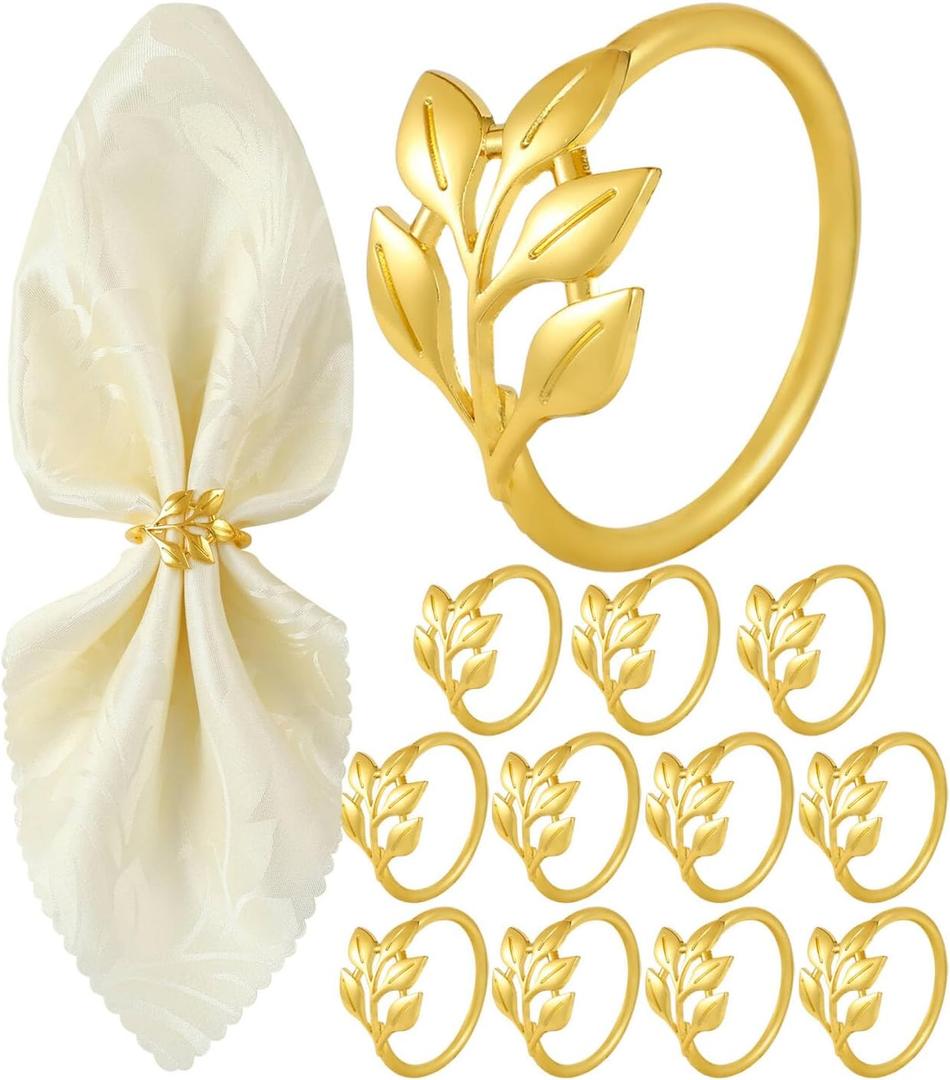 Napkin Rings Set of 12, Shiny Gold Napkin Rings, Smooth, Easy Care, Solid Zinc Alloy Leaf Shaped Elegant Table Decor, Stylish Napkin Ring Bulk for Holidays Wedding, Party, New Homes Gift