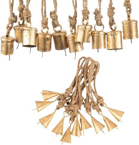 JYPR 10 Pc Vintage Rustic Metal Cow Bells for Christmas Decor - Antique Handmade 4 cm Gold Bells, Witch Bells - Unique Old Look Xmas Decoration