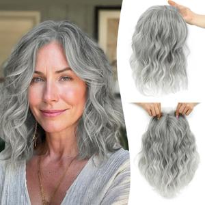 Ms Taj 11 Inch Short Wavy Hair Topper for Women with Thinning Hair, Natural Synthetic Lightweight & Breathable Hairpiece for Women with 6.5"x6.5" Base, Instantly Adds Volume and CoverageSilver Grey