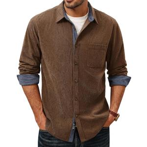 PJ PAUL JONES Men's Corduroy Button Down Shirt Long Sleeve Casual Collared Wrinkle Free Untucked Shirts with Pocket (Brown)