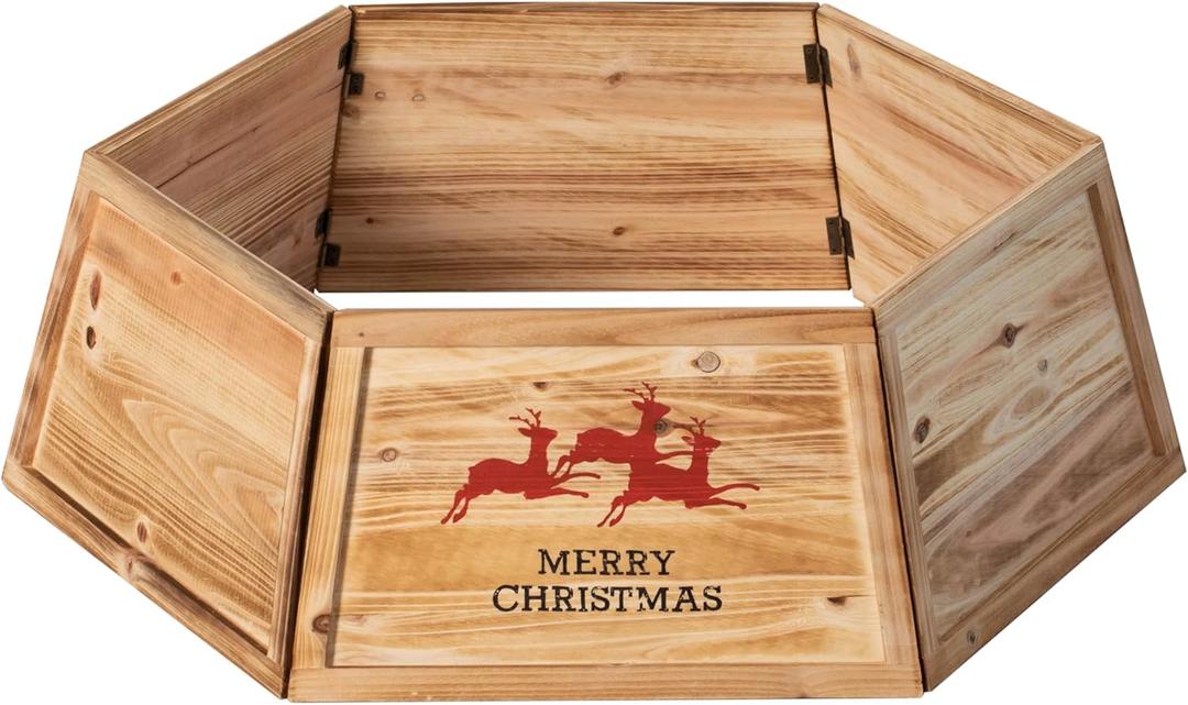 Gardenised Natural Wood Christmas Tree Collar with Deer Pattern Panels Foldable Ring Box Cover and Festive Base Wrap Perfect Holiday Skirt Alternative for Indoor Displays & Seasonal Home Decor