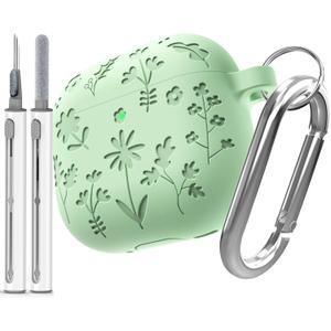 DamonLight Flora Engraved Case for AirPods 4 Cover Shock-Proof Protective Soft Silicone Case with Keychain for Apple Airpods 4th Generation 2024 Released (Grass Green)