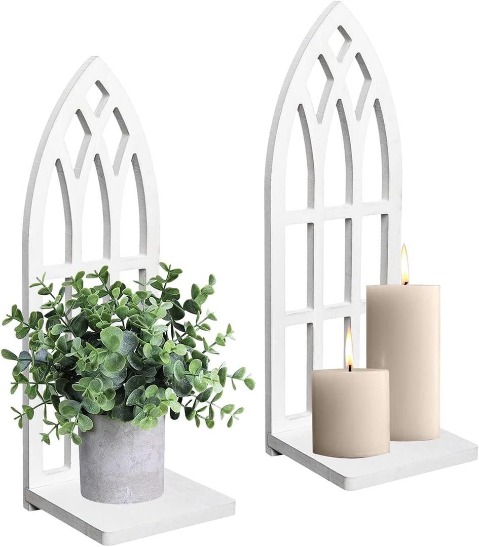 HPC Decor Candle Sconces Wall Decor Set of 2- Handmade Wall Sconce Candle Holder- White Window Shape Wood Wall Home Decor- Farmhouse Wall Decorations for Living Room, Bedroom, Bathroom, Dining Room