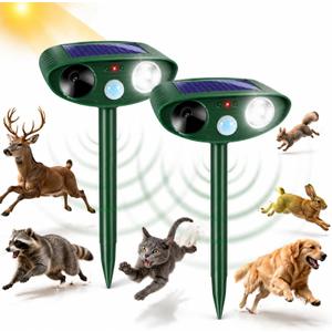 2 Pcs Upgraded Sonic Deer Repellent Devices,Solar Ultrasonic Animal Repellent Outdoor for Racoons,Squirrels,Cats,Rabbits &Foxes,Waterproof Flashing Light Motion Sensor Animal Deterrent for Garden Yard