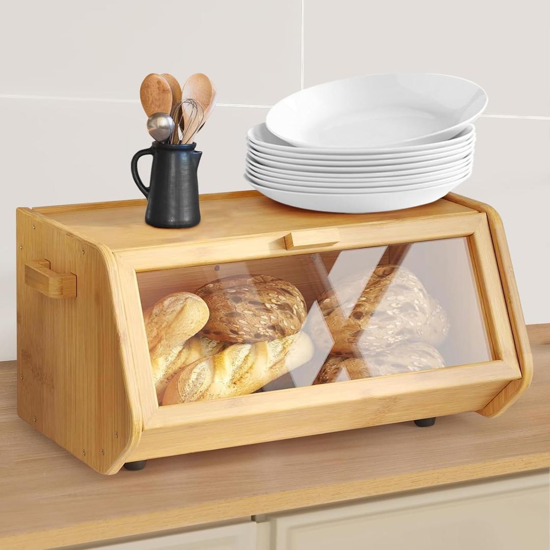 Bamboo Bread Box, Keep the Bread Fresh for Kitchen Countertop, Large Capacity Wooden Bread Storage Container Farmhouse Bread Box with Window