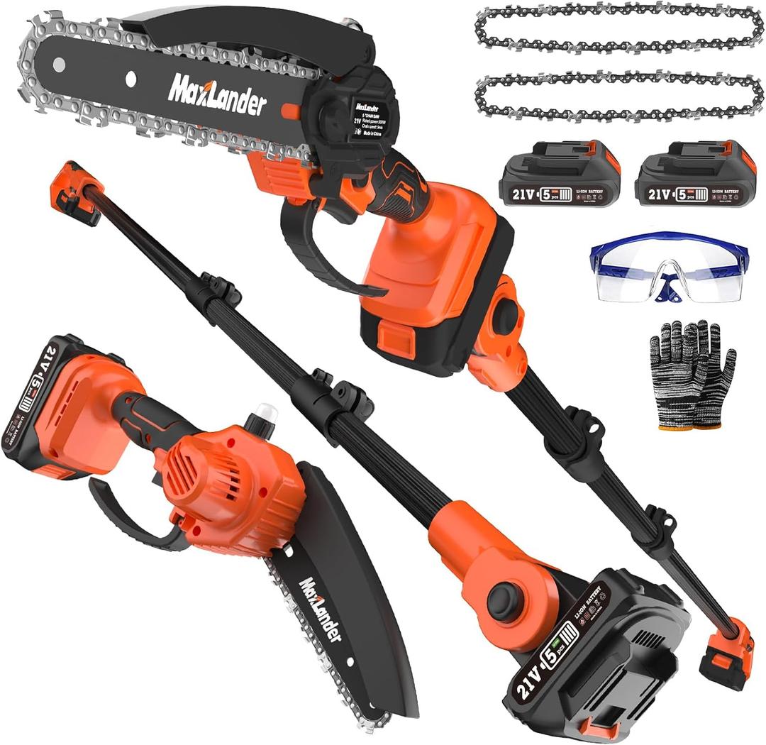 MAXLANDER 2-in-1 Cordless Pole Saw & Mini Chainsaw, 6 Inch Electric Pole Saws for Tree Trimming, 20V Battery Pole Saw with 2 Chains, 14ft Reach Pole Chainsaw(2PCS Battery and Charger Included) (Orange)