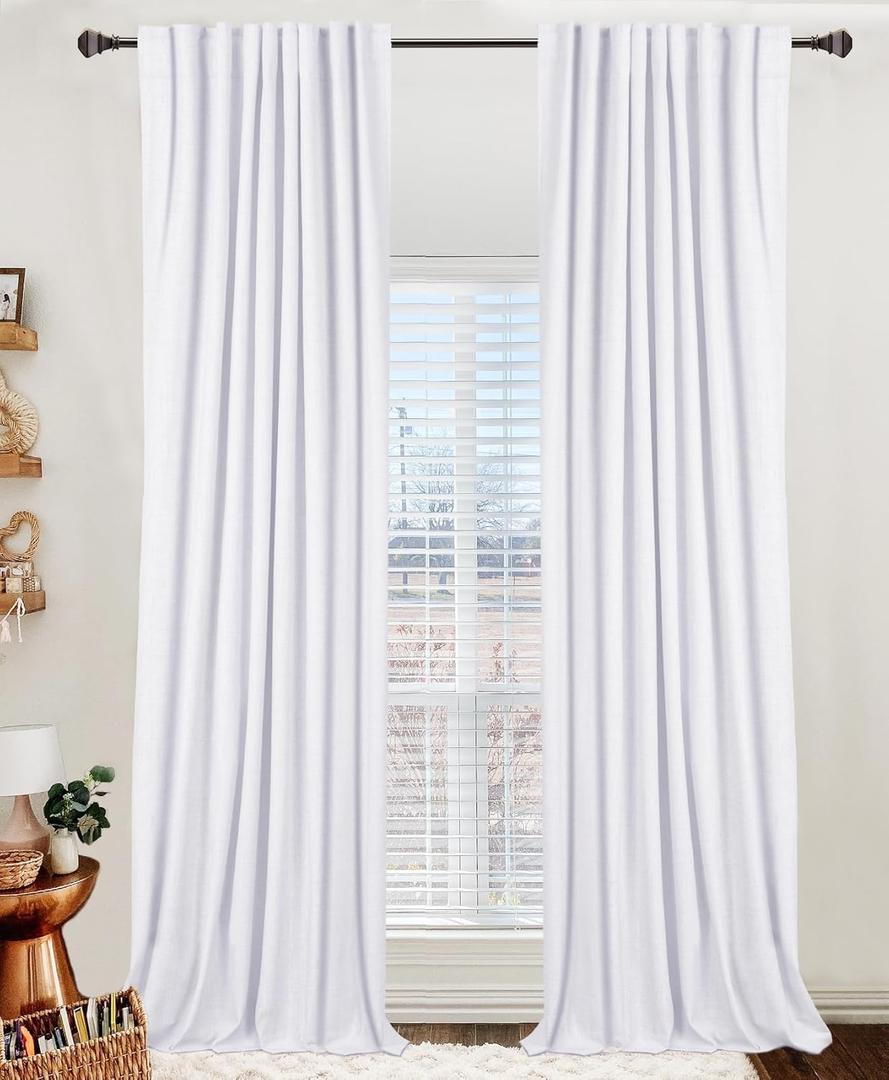 100% Blackout Shield Linen Blackout Curtains for Bedroom 84 Inches Long, Back Tab/Rod Pocket Living Room Drapes, Thermal Insulated Blackout Curtains 2 Panels Set, 50" W x 84" L, Bright White