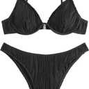 Women's Textured Cute Bathing Suit High Waisted Summer Swimsuit Bikini Set (Black) M