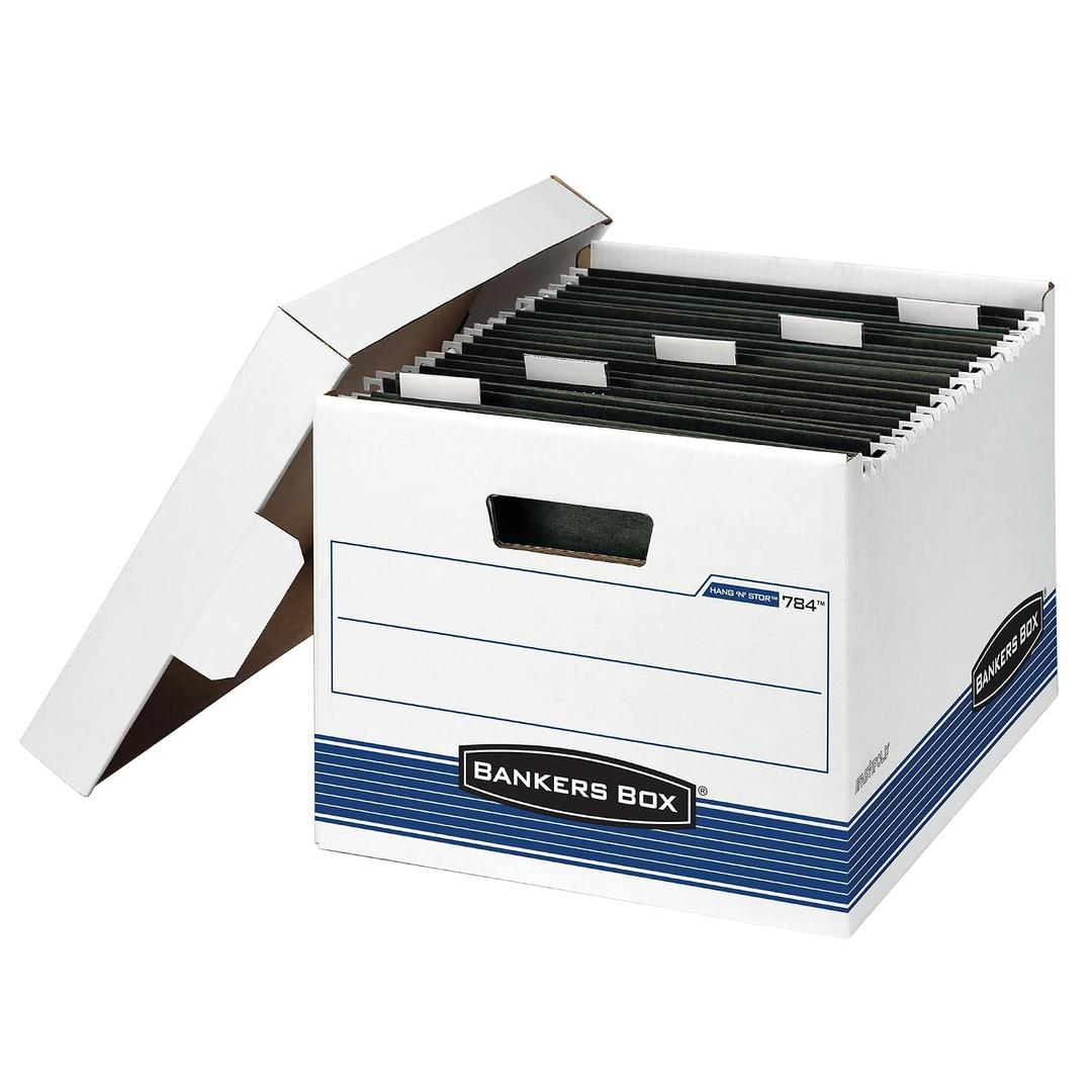 Bankers Box 4 Pack HANG'N'STOR Medium-Duty File Storage Boxes, FastFold, Lift-Off Lid, Letter, White/Blue
