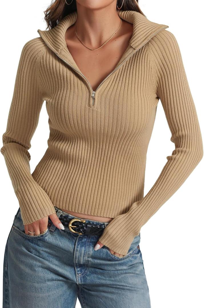 Prettywear 2025 Women's Half Zip Pullover Sweaters V Neck Collared Long Sleeve Ribbed Knit Fall Tops Dressy Casual (Large, Khaki)