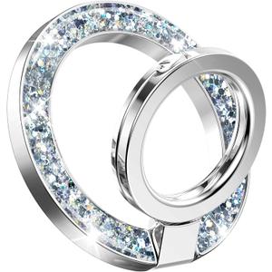 GVIEWIN Magnetic Phone Ring Holder, Compatible with MagSafe Phone Grip with Adjustable Stand, Magnet Phone Ring Kickstand for iPhone 17/16/15/14/13/12 Pro Max Plus Air/Other Phones (Glitter/Silver)