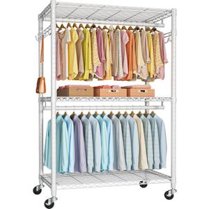 FUTASSI P1 Plus Rolling Clothes Rack, 22mm Diameter Heavy Duty Garment Rack with Wheels, Portable Closet Wardrobe with Double Rods, 45" W x 17.7" D x 80.5" H, Max Load 524 LBS, White