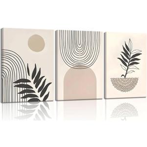 3 Pcs Framed Boho Sage Canvas Wall Art Geometric lines leaves sun beige Wall Decor Pictures Minimalist Poster Prints for Living Room Bedroom Bathroom Home Decoration 16x24 in