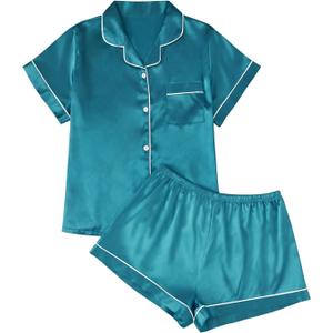 LILLUSORY Silk Satin Pajama Set for Women 2 Piece Lounge Pjs Shorts Matching Summer Sleepwear Button Down Shirt Shorts (XX-Large, Lakeblue)