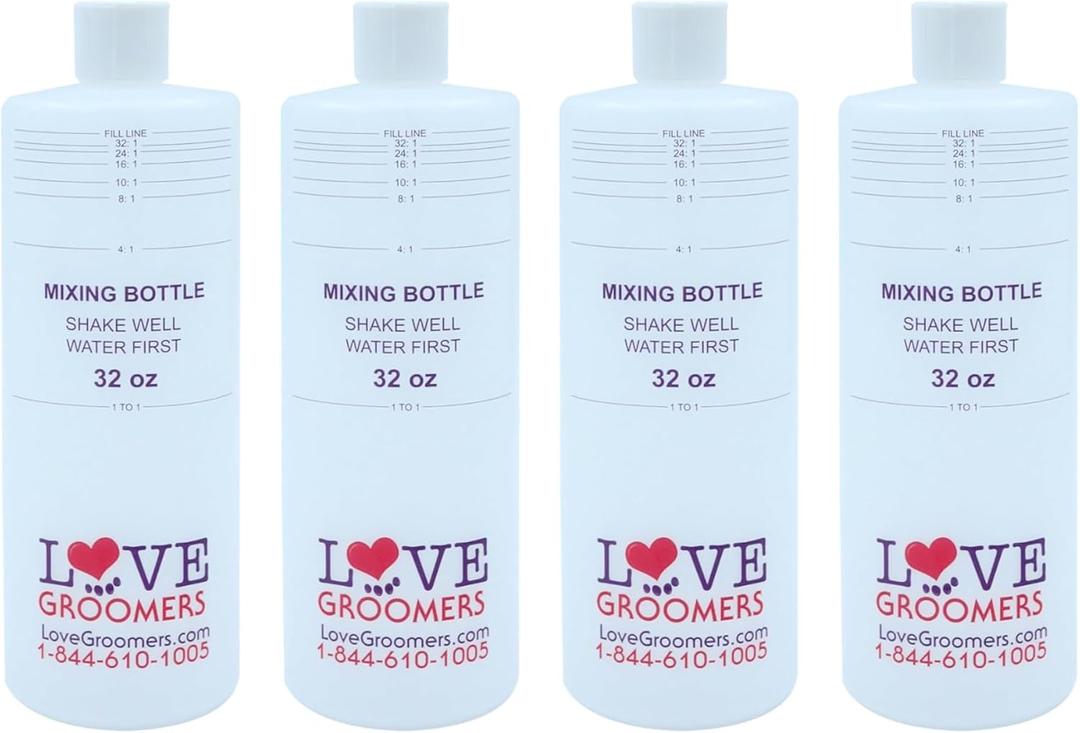 Groomer ESSENTALS 32oz Dilution Bottles - Set of 4 - Professional Dog Grooming Mixing Bottles for Shampoo, Conditioner, and Solutions
