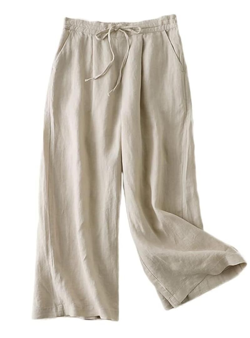 FTCayanz Women's Linen Cropped Wide Leg Pants Elastic Waist Casual Palazzo Trousers with Pockets, S, Beige