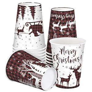 RUSPEPA Disposable Paper Coffee Cups 12 oz - 20 Pack Christmas Reindeer Plaid Red Design Printed Paper Drinking Cups, Thickened Paper Style for Hot/ Cold Beverages, Home, Business, Restaurant and Cafe