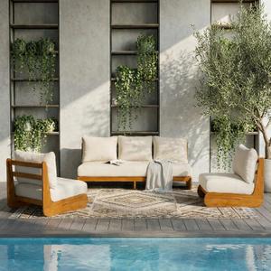 Merax 3 Piece Patio Outdoor Furniture Set, Sofa +2 Chairs, Beige +Teak